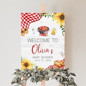 Editable Baby-Q Baby Shower Welcome Sign, Sunflower Couples BBQ Baby Shower Welcome Poster, Gingham BabyQ Backyard Baby Shower Sign, 0817