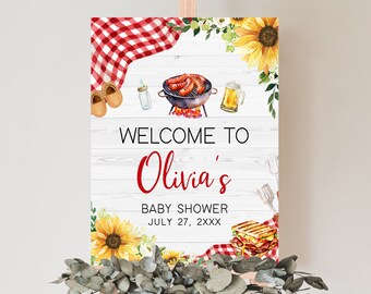 Edytowalny znak powitalny Baby-Q na baby shower, plakat powitalny Sunflower Couples BBQ na baby shower, znak powitalny BabyQ na baby shower w kratkę gingham, 0817