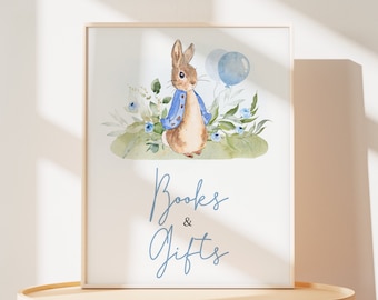 Blue Peter Rabbit Baby Shower Books and Gifts Sign, Bunny Boy Baby Shower Gift Sign, Peter Rabbit Spring Balloon Baby Shower Table Sign 0664