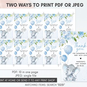 May include: Ten blue and white thank you tags with a gray elephant holding blue balloons. The text on the tags reads "Thank you for showering our baby with love" and "Madison's Baby Shower 03.18.23".