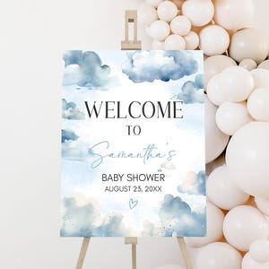 Bearbeitbar On Cloud 9 Babyparty Willkommensschild, Blau We're On Cloud Nine Babyparty Willkommensschild, Baby Wolke Babypartyschild, 01077
