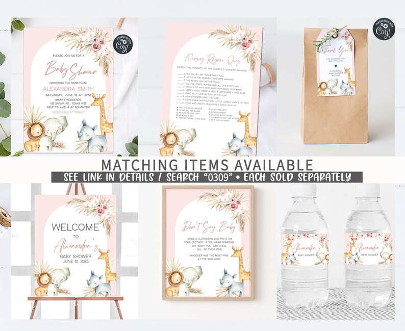 May include: A set of printable baby shower decorations with a jungle animal theme. The decorations include a welcome sign, a don't say baby game, a baby shower invitation, a water bottle label, and a favor bag tag. The decorations feature pink, brown, and green colors with illustrations of a giraffe, elephant, and rhino.