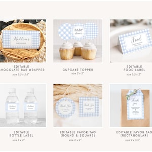 Classic Gingham Theme Chocolate Bar Wrapper, Blue Picnic Cupcake Topper, BBQ Food Label, Baby-Q Bottle Label, Gingham BBQ Favor Tags