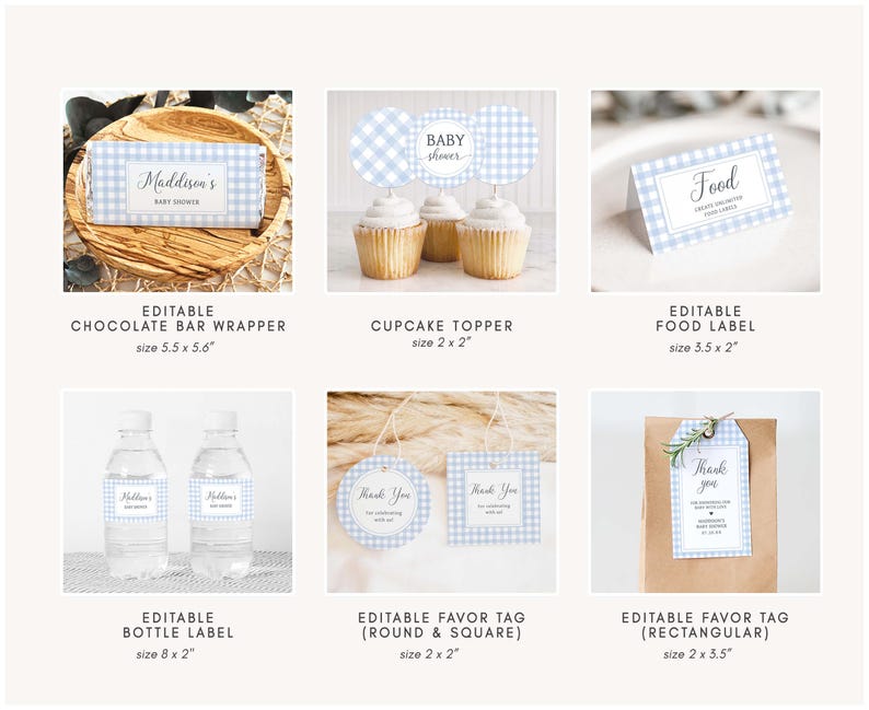 Classic Gingham Theme Chocolate Bar Wrapper, Blue Picnic Cupcake Topper, BBQ Food Label, Baby-Q Bottle Label, Gingham BBQ Favor Tags