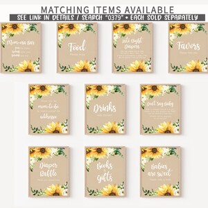 K&ouml;nnte beinhalten: Neun druckbare Schilder mit Sonnenblumen- und wei&szlig;en Blumendesigns. Die Schilder haben Text, der lautet: "Mom-esa Bar", "Food", "Late Night Diapers", "Favors", "Mom-to-be Addressee", "Drinks", "Don't Say Baby", "Diaper Raffle", "Books & Gifts" und "Babies are Sweet".