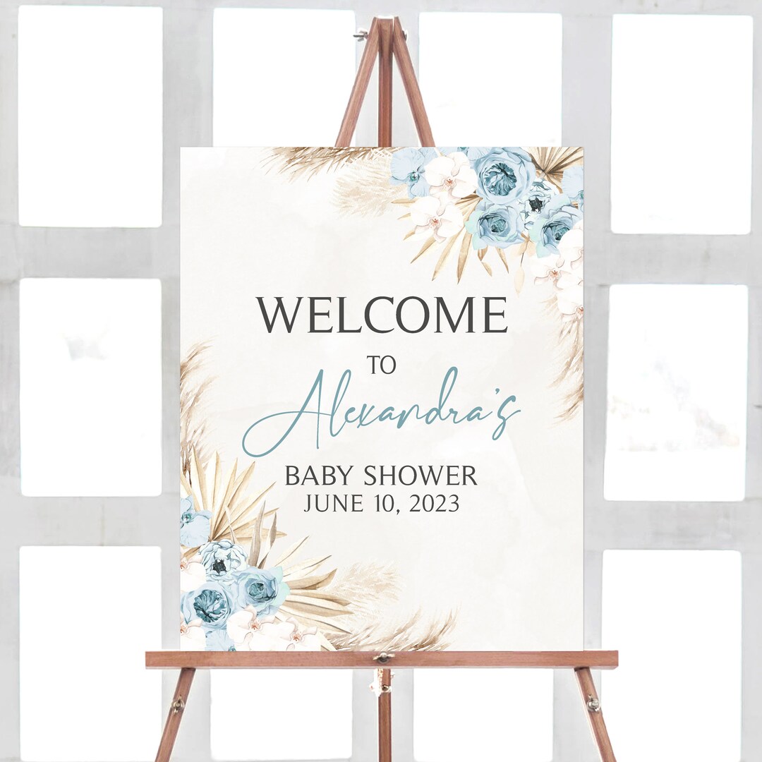 Editable Blue Floral Boho Baby Shower Welcome Sign, Boy Pampas Grass ...