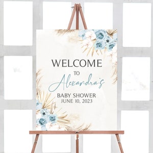 Bearbeitbares blaues Blumen Boho Babyparty-Willkommensschild, Junge Pampas Grass-Babyparty-Willkommensplakat, Hallo Baby Boho-Babypartyschild, 0303