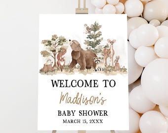 Editable Woodland Animals Baby Shower Welcome Sign, Adventure Awaits Woodland Baby Shower Welcome Poster, Forest Animals Baby Shower, 01032