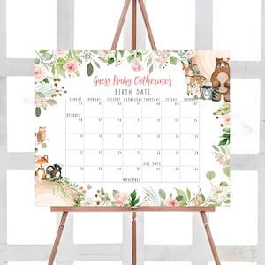May include: A printable baby shower game with a floral border and woodland animal illustrations. The game asks guests to guess the baby's birth date. The calendar is for October and November.
