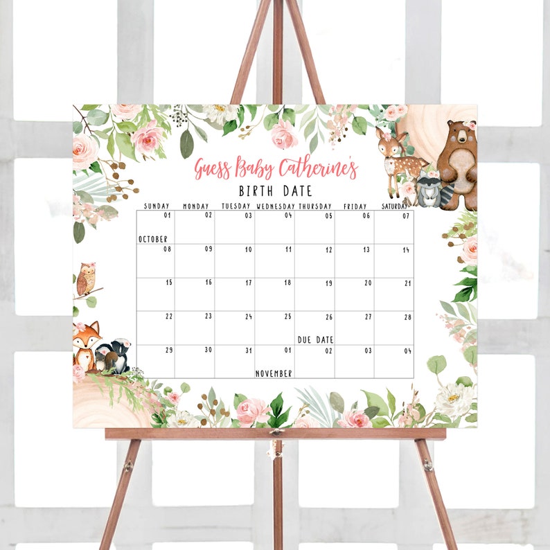 May include: A printable baby shower game with a floral border and woodland animal illustrations. The game asks guests to guess the baby's birth date. The calendar is for October and November.