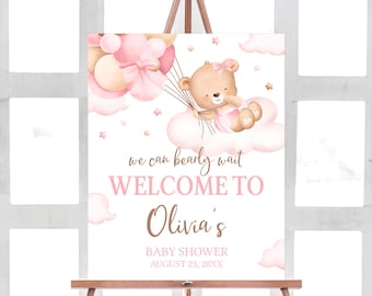 Bearbeitbar Wir können Bären-Babyparty-Willkommensschild warten, rosa Teddybär-Babyparty-Poster, Braunbär-Ballon, Mädchen-Bogen-Babyparty, 01102