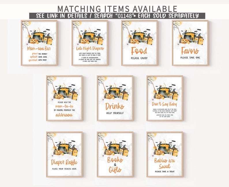 a collection of nine framed items, each with a different design and text, arranged in a grid. The items include a poster with a pumpkin, a poster with a truck, a poster with a book, a poster with a baby, a poster with a drink, a poster with a book, a poster with a gift, and a poster with a diaper rattle. The text on the posters varies, but they all seem to be related to baby-related items or activities.