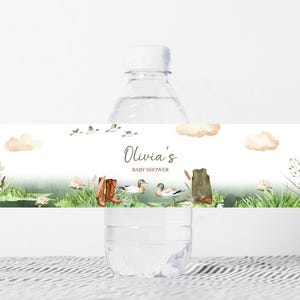 Bearbeitbares Entenjagd-Babypartyflaschenetikett, Stockenten-Babypartywasseretikett, kleiner Jäger, Stockenten-Babypartyflaschenaufkleber 0965