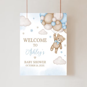 Bearbeitbares Bären-Ballon-Babyparty-Willkommensschild, Blau Wir können Bären-Babyparty-Willkommensplakat warten, Jungen Boho Bärn-Babyparty-Zeichen, 0504