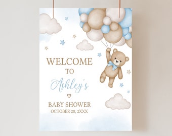 Editable Bear Balloon Baby Shower Welcome Sign, Blue We Can Bearly Wait Baby Shower Welcome Poster, Boy Boho Bear Baby Shower Sign, 0504