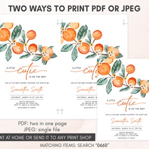 Editable A Little Cutie Baby Shower Invitation, Greenery Orange Baby Shower Invite, Neutral Cutie on the Way Baby Shower Invitation, 0660 image 3