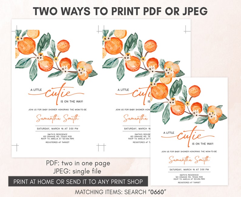 Editable A Little Cutie Baby Shower Invitation, Greenery Orange Baby Shower Invite, Neutral Cutie on the Way Baby Shower Invitation, 0660 image 3