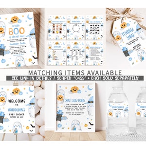 K&ouml;nnte beinhalten: Eine Sammlung von Babyparty-Dekorationen zum Thema Halloween. Enth&auml;lt Einladungen, Spiele, ein Willkommensschild und Wasserflaschenetiketten. Designs zeigen Geister, K&uuml;rbisse, Flederm&auml;use und den Text "A Little Boo" und "Welcome to Maddison's Baby Shower."