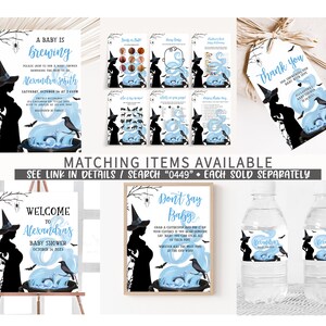 Puede incluir: Una colecci&oacute;n de decoraciones para baby shower con tem&aacute;tica de Halloween. Los dise&ntilde;os presentan una silueta de bruja, un caldero con un beb&eacute; y el texto "A Baby is Brewing". La combinaci&oacute;n de colores incluye elementos negros, azules y blancos.