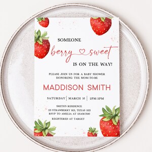Editable Strawberry Baby Shower Invitation Bundle, Minimalist Red Strawberry Baby Shower Invite Set, Berry Sweet Baby Shower Invite, 0631 image 3