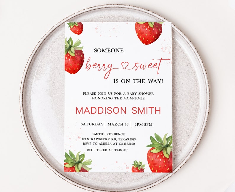 Editable Strawberry Baby Shower Invitation Bundle, Minimalist Red Strawberry Baby Shower Invite Set, Berry Sweet Baby Shower Invite, 0631 image 3