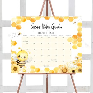 Bearbeitbarer Bienen-Babyparty-Fälligkeitsdatumskalender, Oh Bee-Babypartykalender, Honigbiene Blumen-Babyparty, Honigwaben-Geburtstagsvorhersagen, 01002