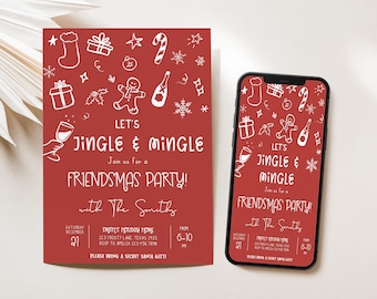 Editable Hand Drawn Christmas Invitation, Jingle and Mingle Christmas Invite, Cocktail Party Hand Drawn Invite, Doodle Friendmas Invite 32SE