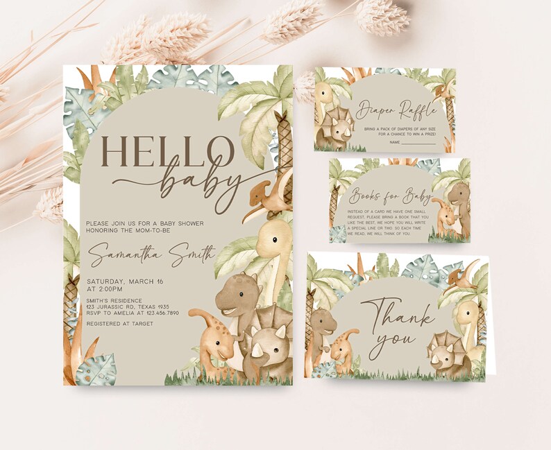 Editable Dinosaur Baby Shower Invitation Bundle, Baby Dinosaur Boho Baby Shower Invite Pack, Gender Neutral Dino Baby Shower Invitation 0666 image 1