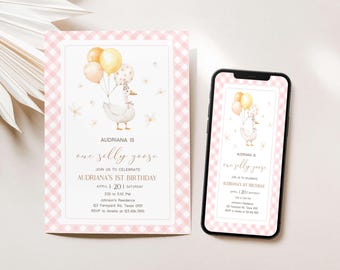 Editable One Silly Goose Birthday Invitation, Pink Silly Goose Party Invite, Girl 1st Birthday Invitation, Goose Daisy Gingham Invite, 60BD
