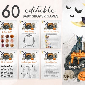 編集可能な「赤ちゃんが生まれてくる」ハロウィンベビーシャワーゲームバンドル、魔女ベビーシャワーゲームパック、性別を問わないハロウィンゲームセットテンプレート0436
