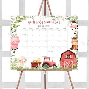 Calendario editable de fecha de vencimiento de baby shower de granja, calendario de baby shower de corral rojo, plantilla imprimible de predicciones de cumpleaños de animales de granja 0318