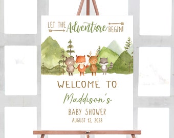 Bearbeitbar Let the Adventure Begin Woodland Babyparty Willkommensschild, Waldgebirgs-Babyparty-Willkommensplakat, Junge Waldtiere 0396
