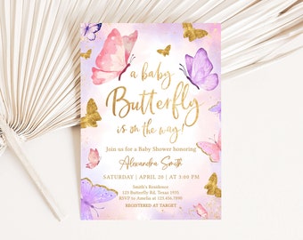 Editable Pink Butterfly Girl Baby Shower Invitation, Purple Butterflies Baby Shower Invite, Gold Boho Butterfly Baby Shower Invitation, 0683