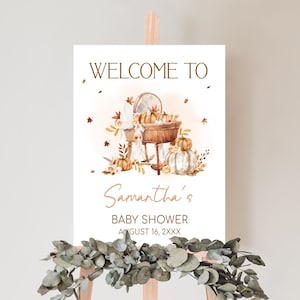 Cartello di benvenuto modificabile per baby shower "Innamorarsi", poster di benvenuto per baby shower autunnale "Little Pumpkin", cartello per baby shower autunnale con culla, 01116