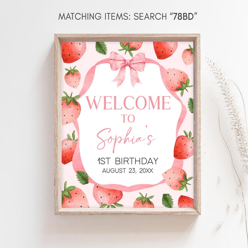 a welcome sign with strawberries on a pink background