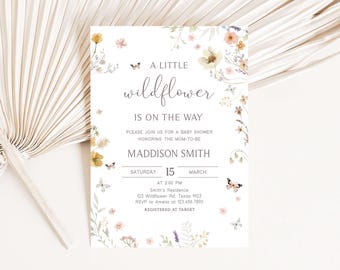 Invitación editable de baby shower con flores silvestres, invitación floral primaveral, invitación con flores silvestres, invitación con mariposas y flores silvestres (01020)