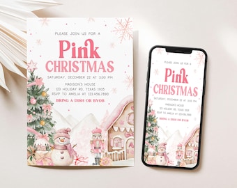 May include: A pink Christmas invitation and a smartphone displaying the same design. The invitation features text that reads "Pink Christmas" with a watercolor illustration of a snowman, a gingerbread house, and a Christmas tree.