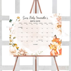 Bearbeitbarer Blumenfuchs-Babyparty-Fälligkeitskalender, Mädchenfuchs-Babypartykalender, Waldfuchs-Geburtstagsvorhersage druckbare Vorlage 0357