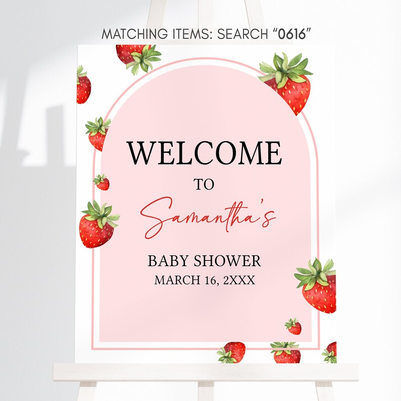 Bearbeitbares Erdbeer-Babyparty-Willkommensschild, Beere Süßes Babyparty-Willkommensplakat, rotes Erdbeer-Babypartyschild, Beere erstes Baby 0616 Bild 3