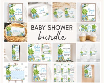 Editable Blue Pineapple Aloha Baby Shower Bundle, Floral Hawaiian Baby Shower Pack, Tropical Summer Boy Shower Mega Bundle Template, 0763