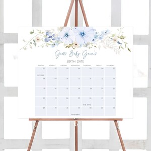 Editable Baby in Bloom Boy Baby Shower Due Date Calendar, Dusty Blue Wildflower Baby Shower Calendar, Boy Spring Flowers Baby Shower, 0684 image 1