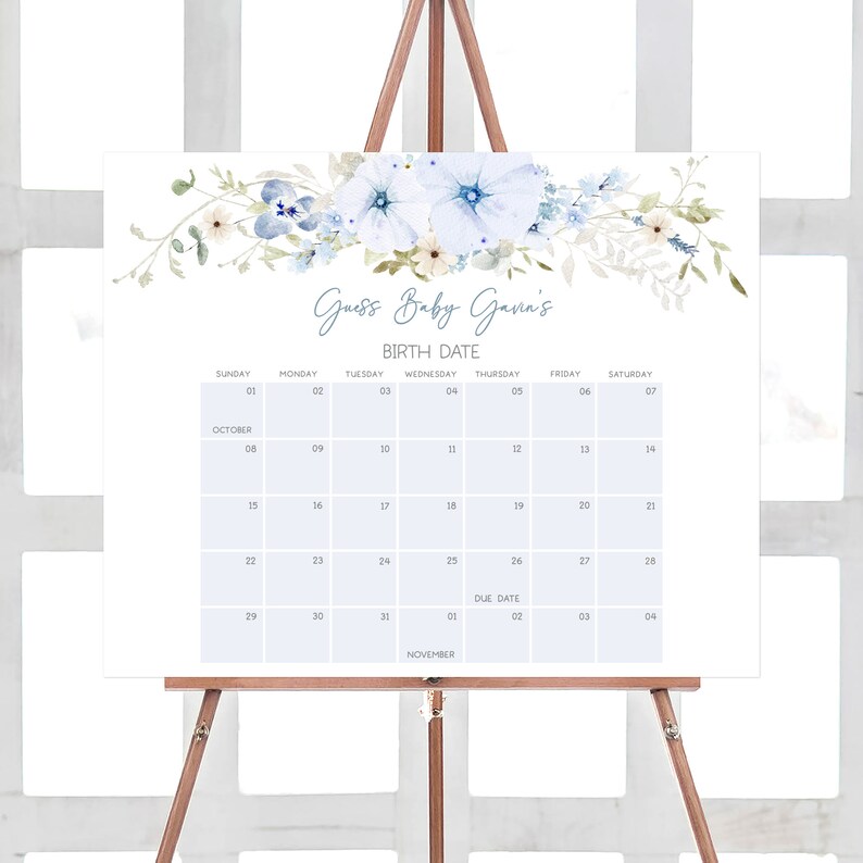 Editable Baby in Bloom Boy Baby Shower Due Date Calendar, Dusty Blue Wildflower Baby Shower Calendar, Boy Spring Flowers Baby Shower, 0684 image 1