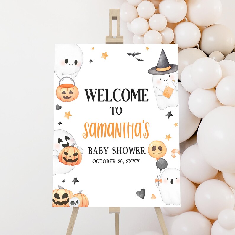 Editable Orange A Little Boo Baby Shower Welcome Sign, Ghost Halloween ...