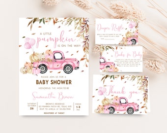 Editable Pink Truck Pumpkin Baby Shower Invitation Bundle, Fall Pumpkin Baby Shower Invite Set, Little Pumpkin Girl Baby Shower Invite, 0825