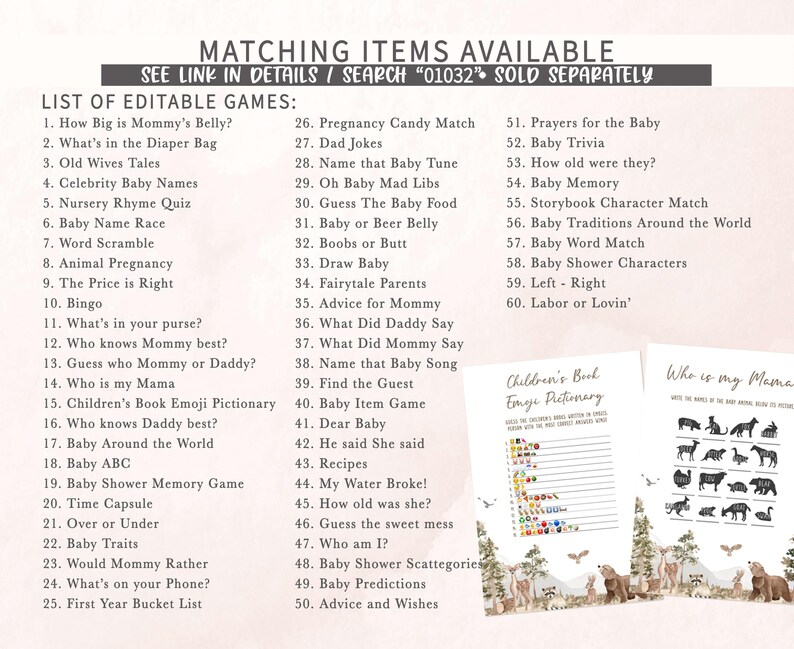 a list of matching items available for a baby shower