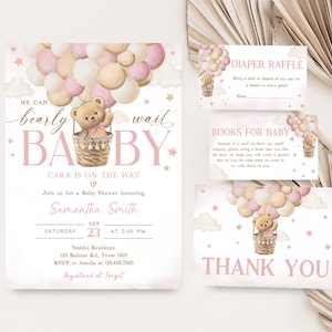 Editable Girl Pink Bear Baby Shower Invitation Bundle, We Can Bearly Wait Baby Shower Invite Set, Teddy Bear Balloon Invitation Pack 0417