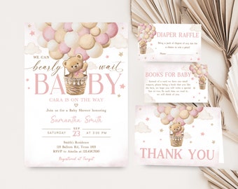 Editable Girl Pink Bear Baby Shower Invitation Bundle, We Can Bearly Wait Baby Shower Invite Set, Teddy Bear Balloon Invitation Pack 0417