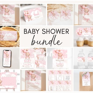 Editable We Can Bearly Wait Baby Shower Bundle, Pink Bear Baby Shower Pack, Girl Bear Balloon Clouds Baby Shower Mega Bundle Template, 01105