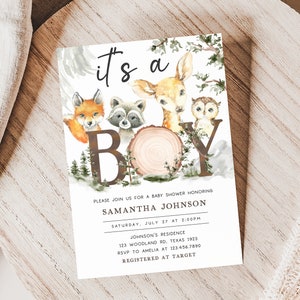 Bearbeitbare Junge Wald Babyparty Einladung, Waldtiere Es ist eine Junge Babyparty Einladung, Waldwald Einladung Babyparty, 0732