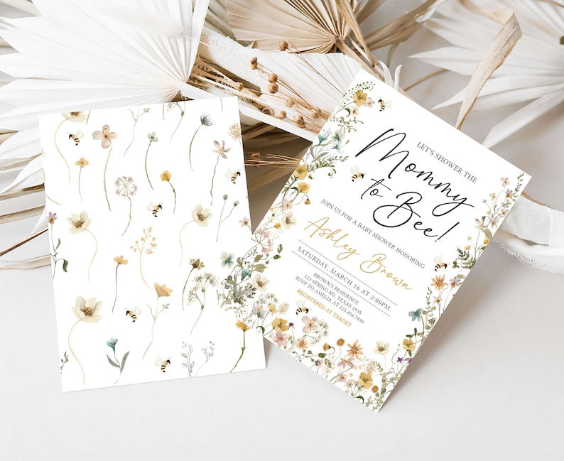 Editable Bee Baby Shower Invitation, Mommy to Bee Gender Neutral Baby Shower Invite, Wildflower Bee Baby Shower Invitation Template, 0639 image 2